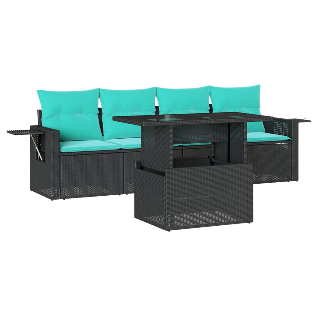 5 Piece Garden Sofa Set with Cushions Black Poly Rattan