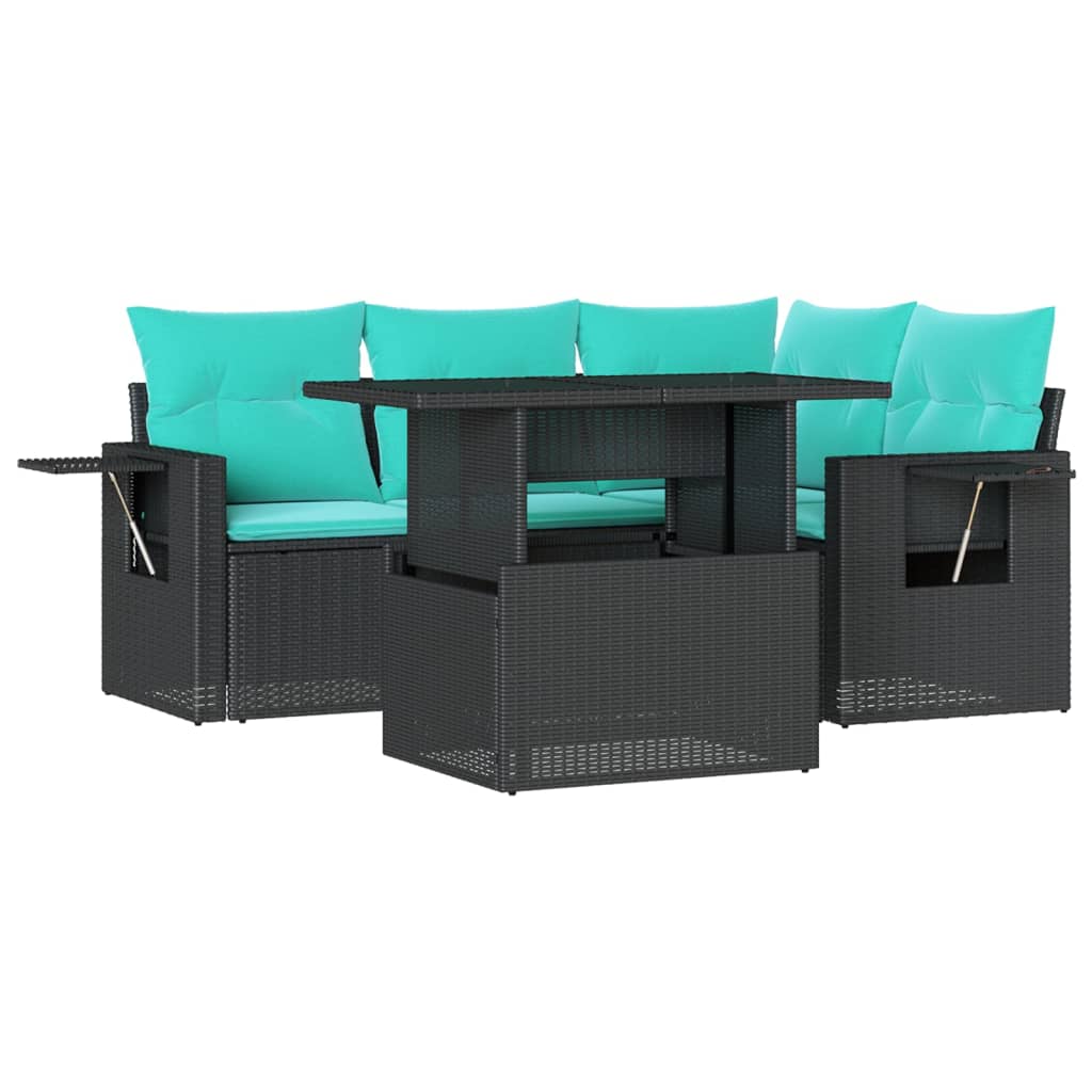 5 Piece Garden Sofa Set with Cushions Black Poly Rattan