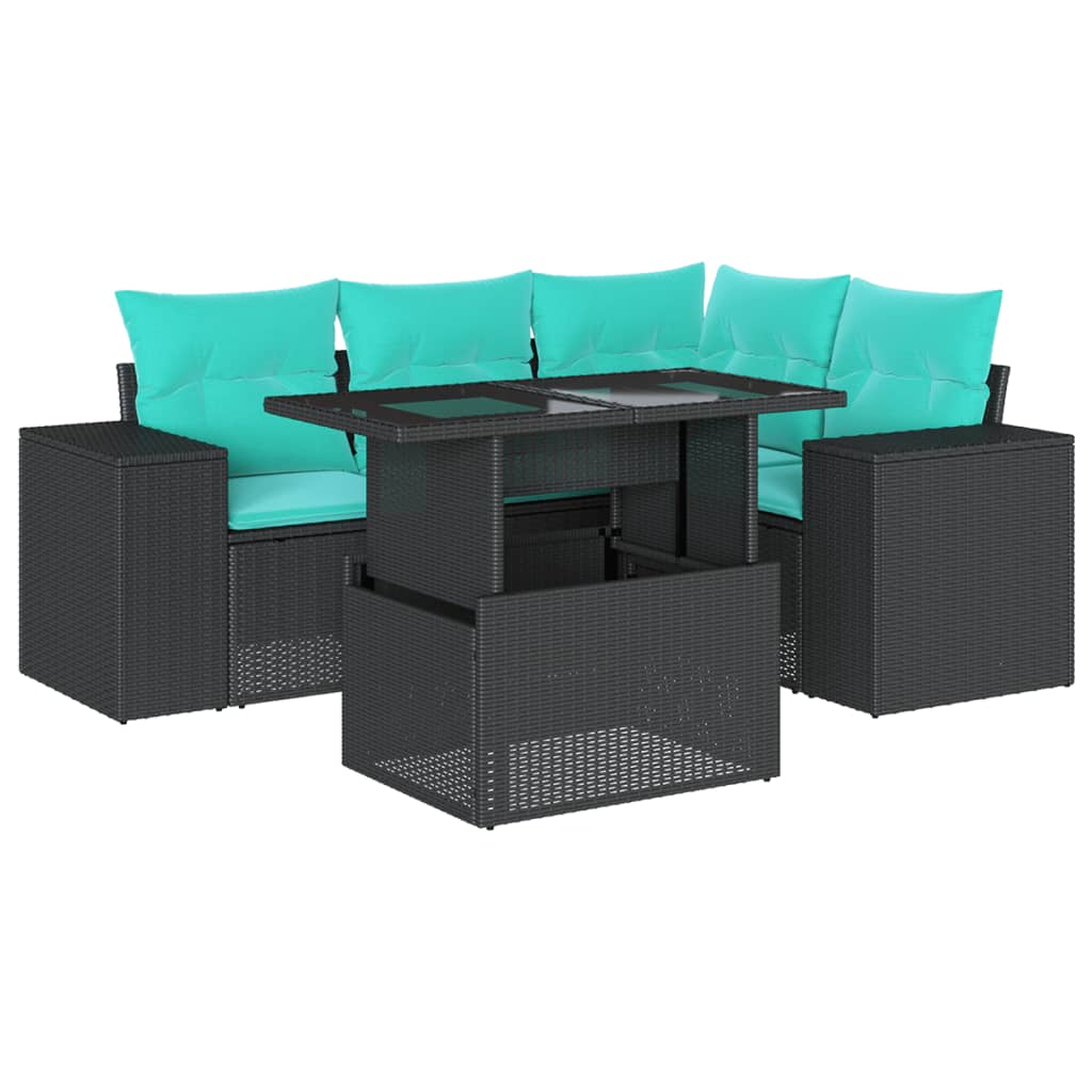 5 Piece Garden Sofa Set with Cushions Black Poly Rattan