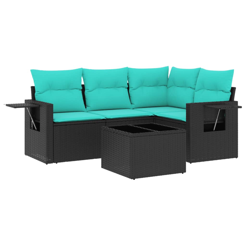 5 Piece Garden Sofa Set with Cushions Black Poly Rattan