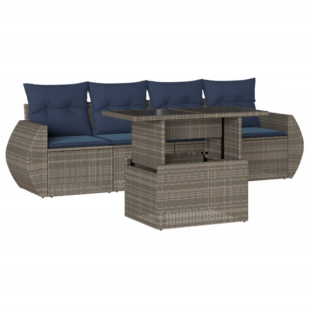 5 Piece Garden Sofa Set with Cushions Grey Poly Rattan