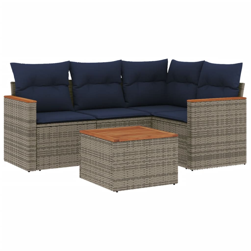 5 Piece Garden Sofa Set with Cushions Grey Poly Rattan