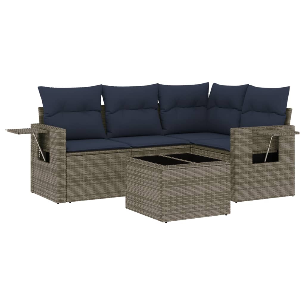5 Piece Garden Sofa Set with Cushions Grey Poly Rattan