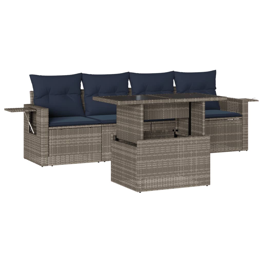 5 Piece Garden Sofa Set with Cushions Grey Poly Rattan