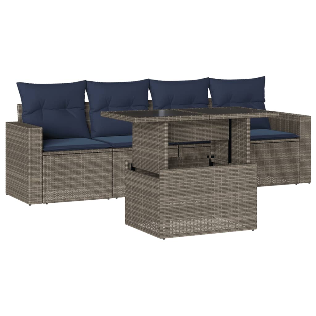 5 Piece Garden Sofa Set with Cushions Grey Poly Rattan