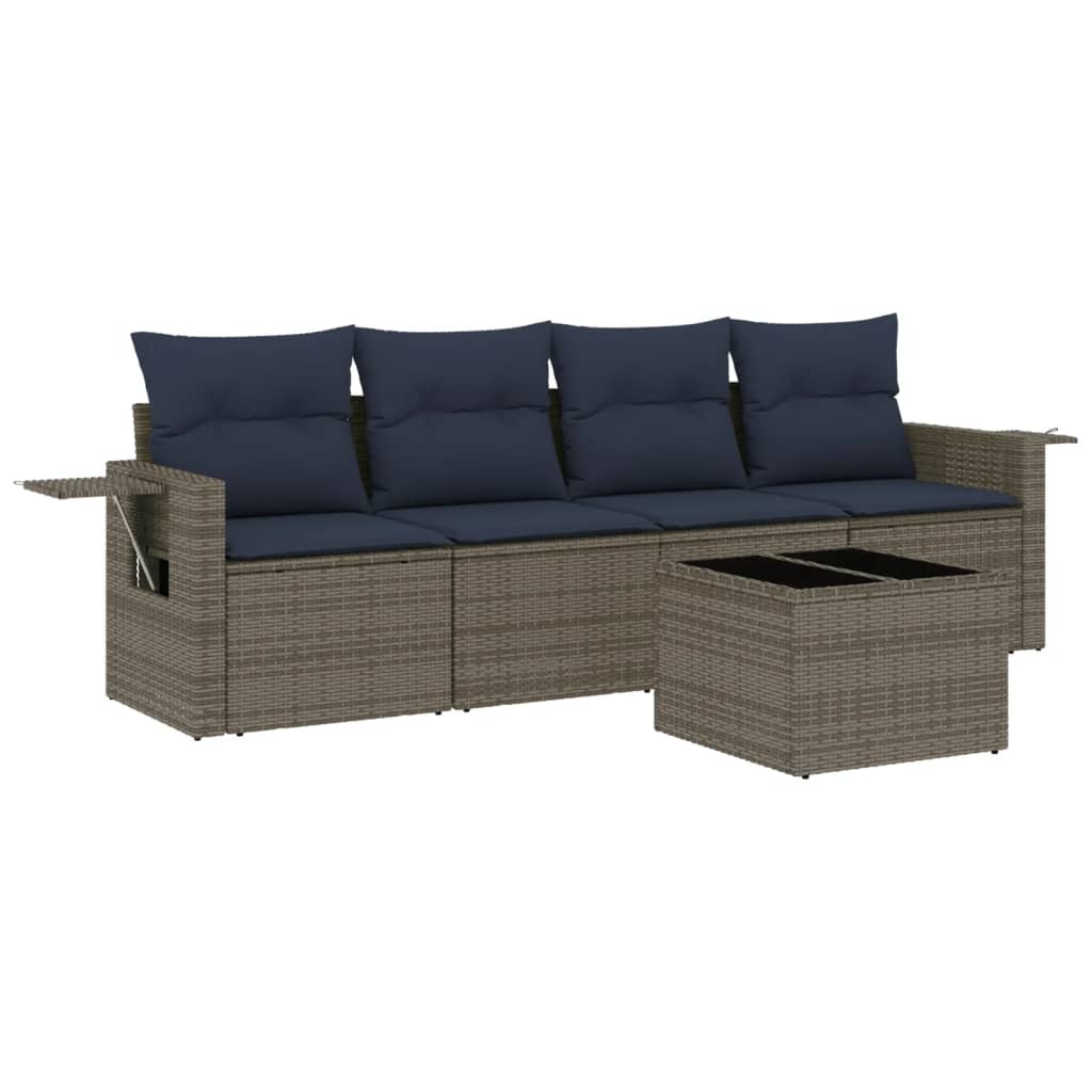 5 Piece Garden Sofa Set with Cushions Grey Poly Rattan