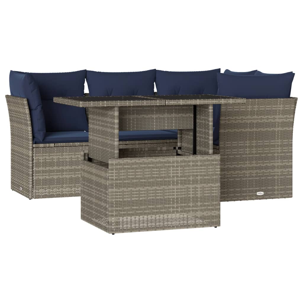 5 Piece Garden Sofa Set with Cushions Grey Poly Rattan