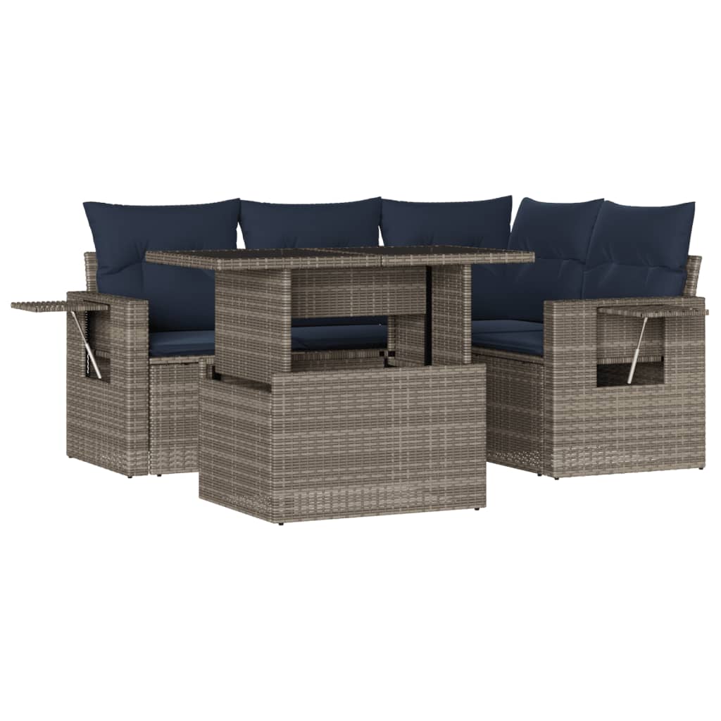 5 Piece Garden Sofa Set with Cushions Grey Poly Rattan
