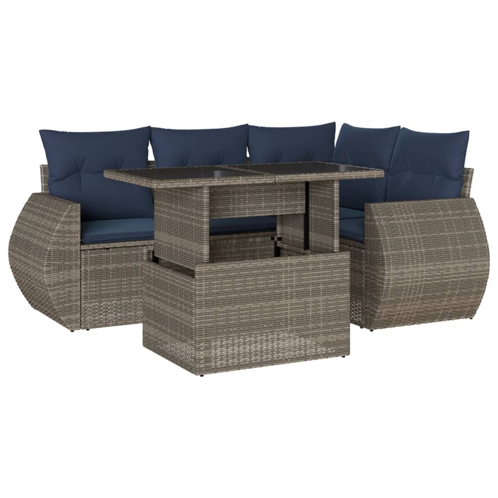 5 Piece Garden Sofa Set with Cushions Grey Poly Rattan