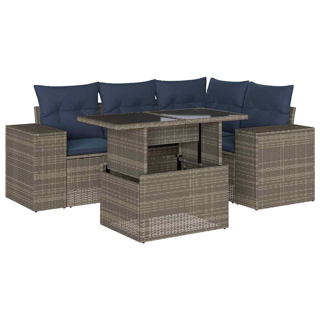 5 Piece Garden Sofa Set with Cushions Grey Poly Rattan