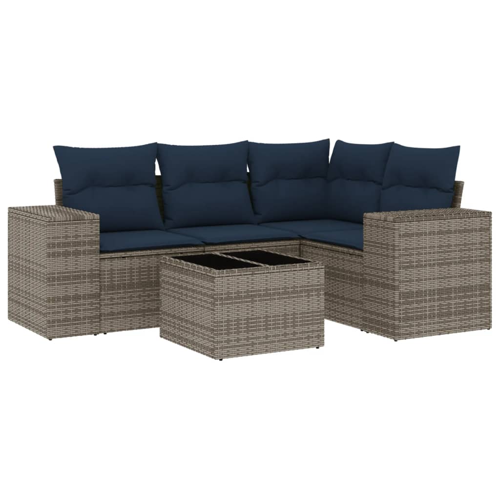 5 Piece Garden Sofa Set with Cushions Grey Poly Rattan