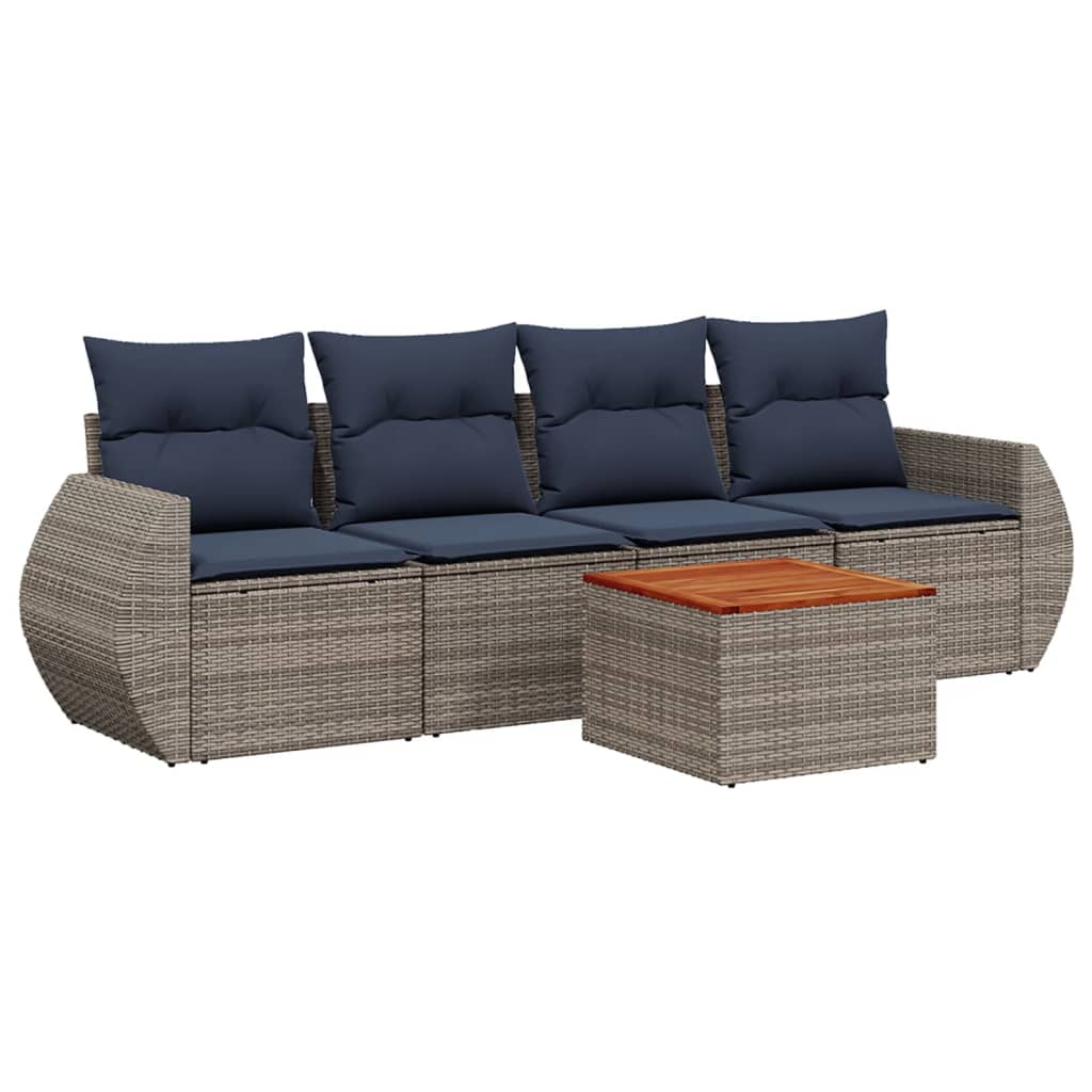5 Piece Garden Sofa Set with Cushions Grey Poly Rattan