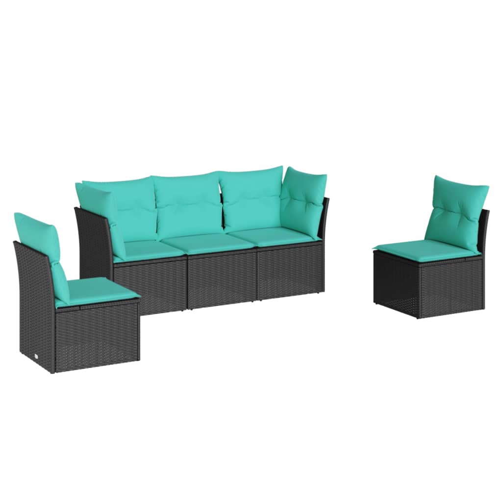 5 Piece Patio Sofa Set with Cushions Black Poly Rattan