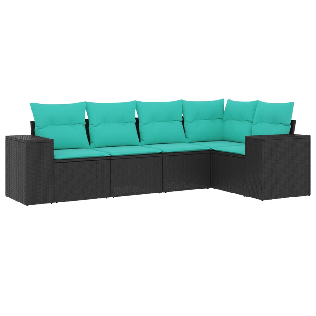 5 Piece Patio Sofa Set with Cushions Black Poly Rattan