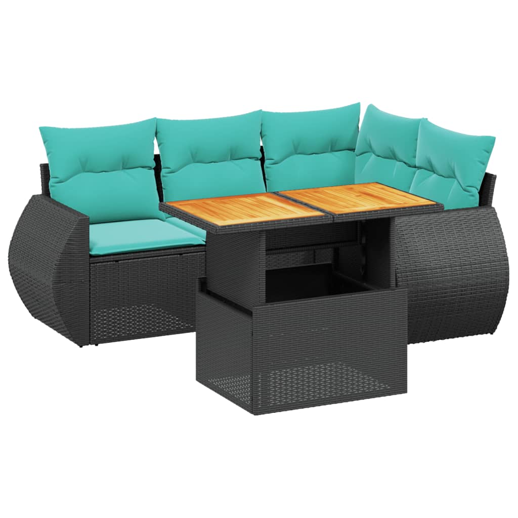 5 Piece Patio Sofa Set with Cushions Black Poly Rattan