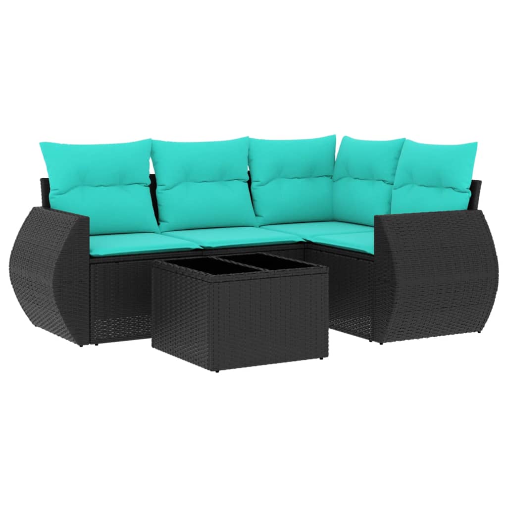 5 Piece Patio Sofa Set with Cushions Black Poly Rattan