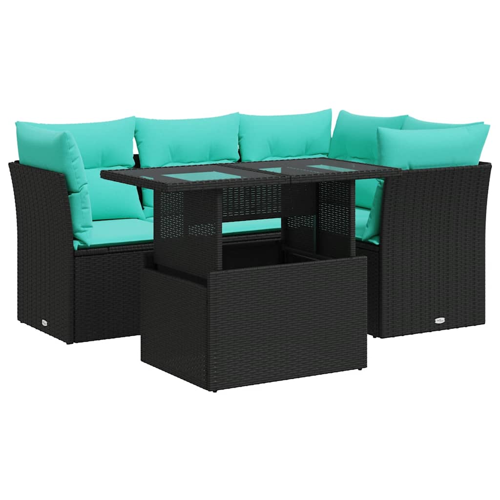 5 Piece Patio Sofa Set with Cushions Black Poly Rattan Acacia