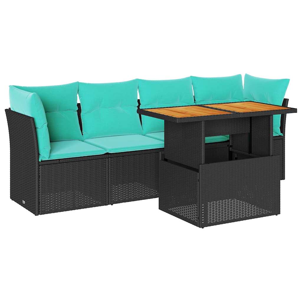 5 Piece Patio Sofa Set with Cushions Black Poly Rattan