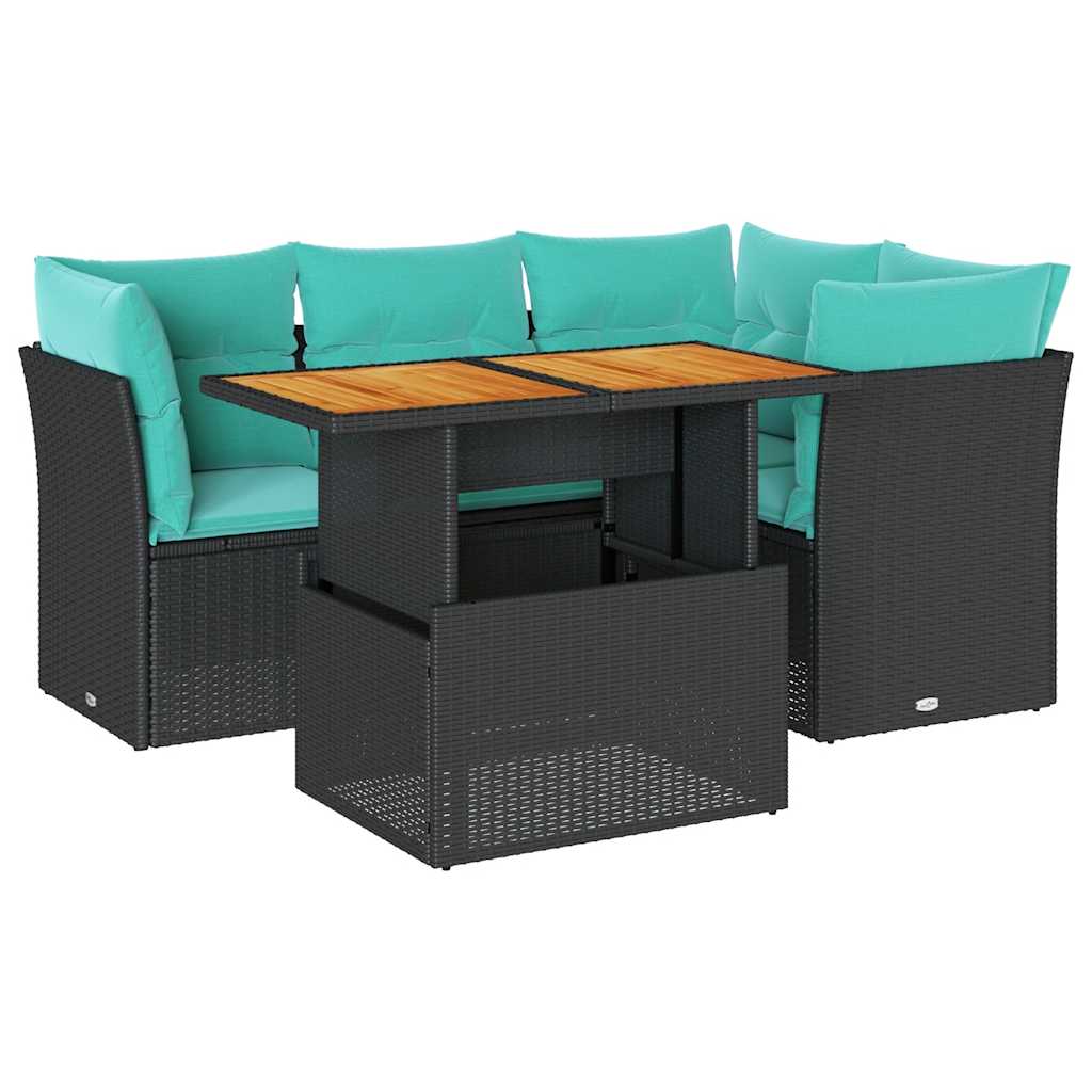 5 Piece Patio Sofa Set with Cushions Black Poly Rattan