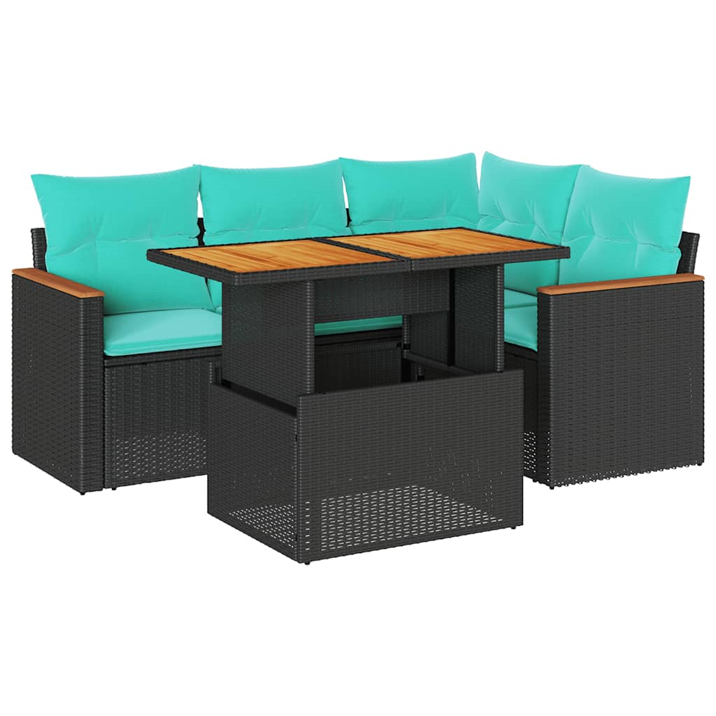 5 Piece Patio Sofa Set with Cushions Black Poly Rattan