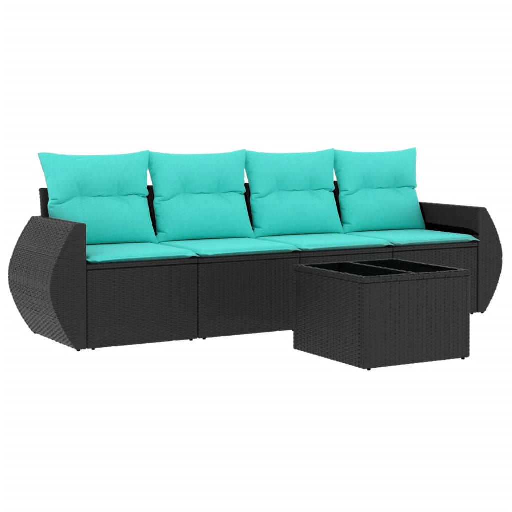 5 Piece Patio Sofa Set with Cushions Black Poly Rattan