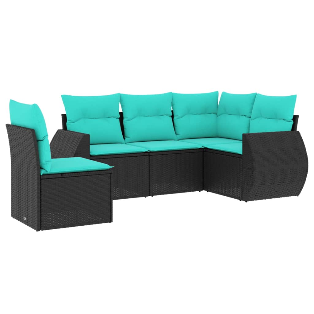 5 Piece Patio Sofa Set with Cushions Black Poly Rattan