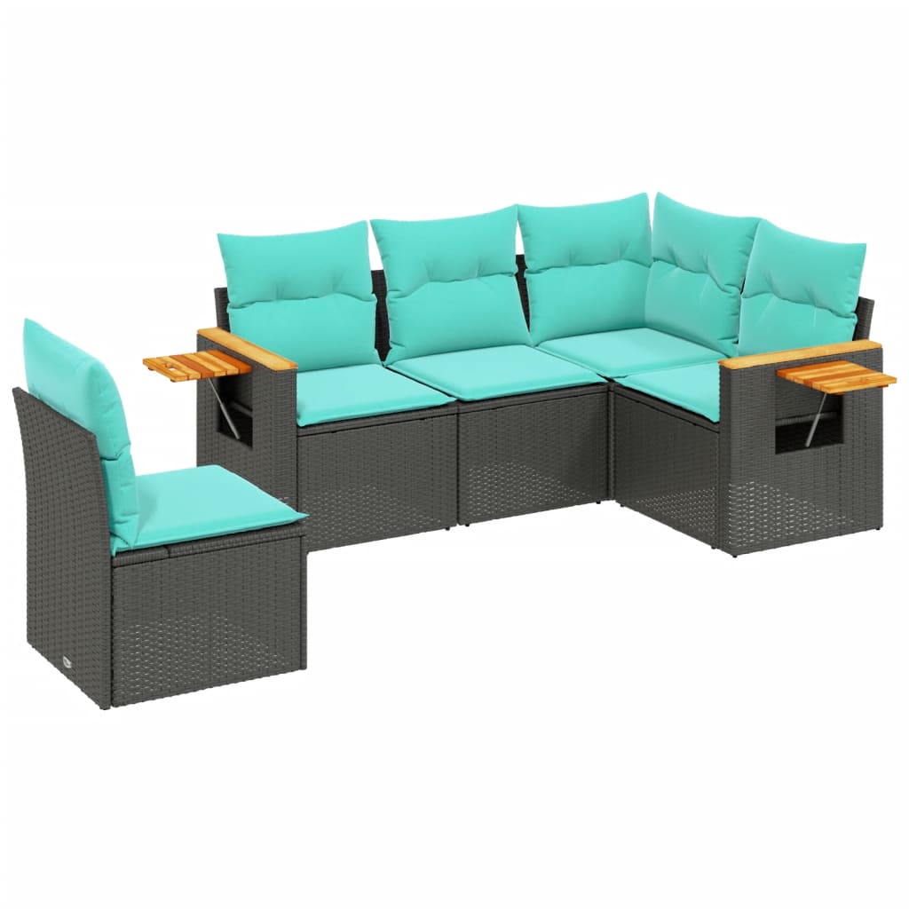 5 Piece Patio Sofa Set with Cushions Black Poly Rattan