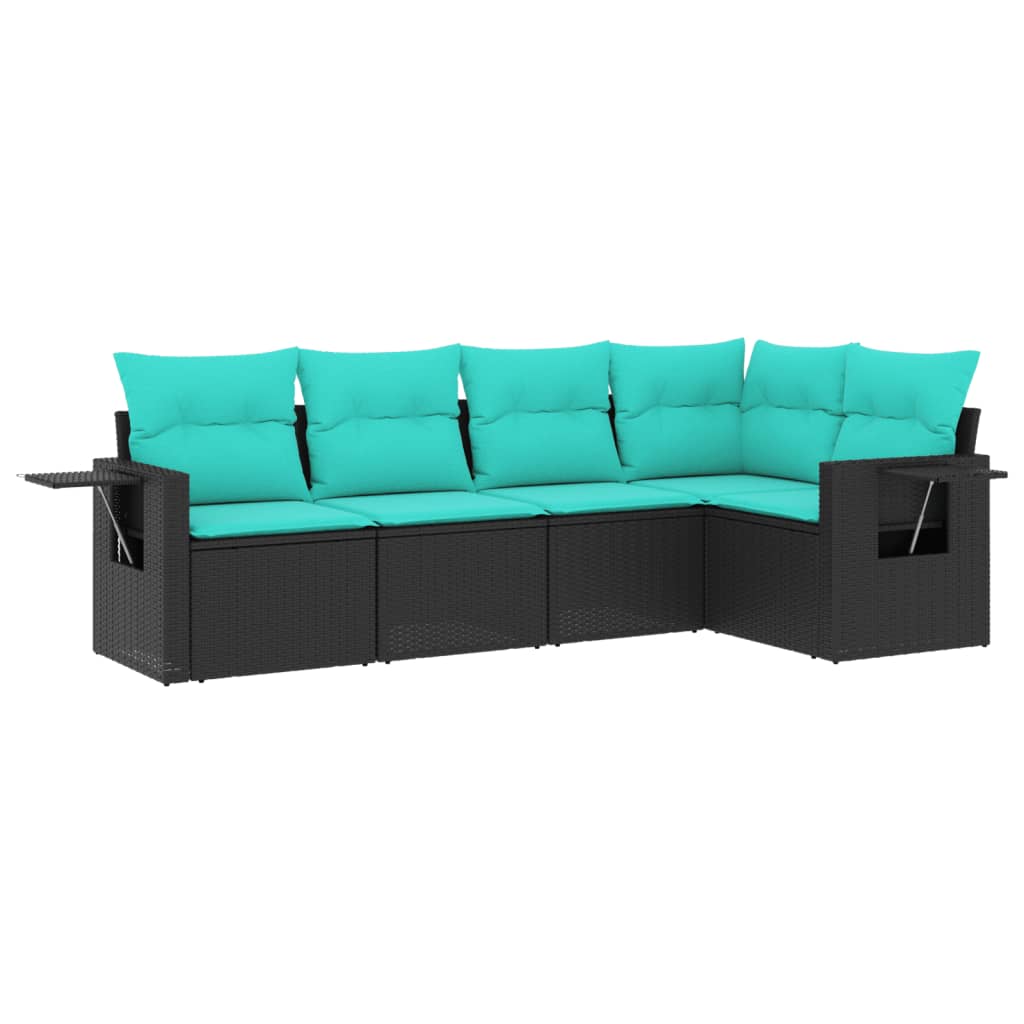 5 Piece Patio Sofa Set with Cushions Black Poly Rattan