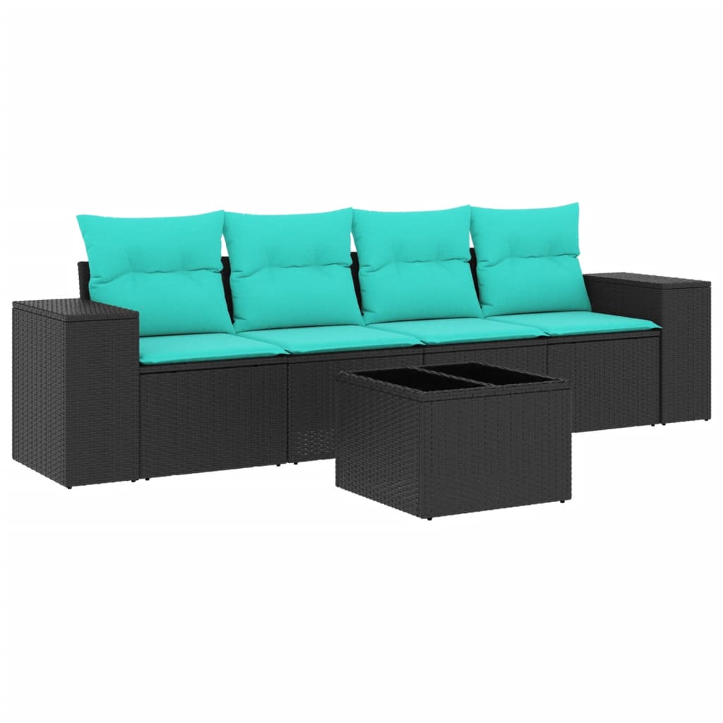 5 Piece Patio Sofa Set with Cushions Black Poly Rattan