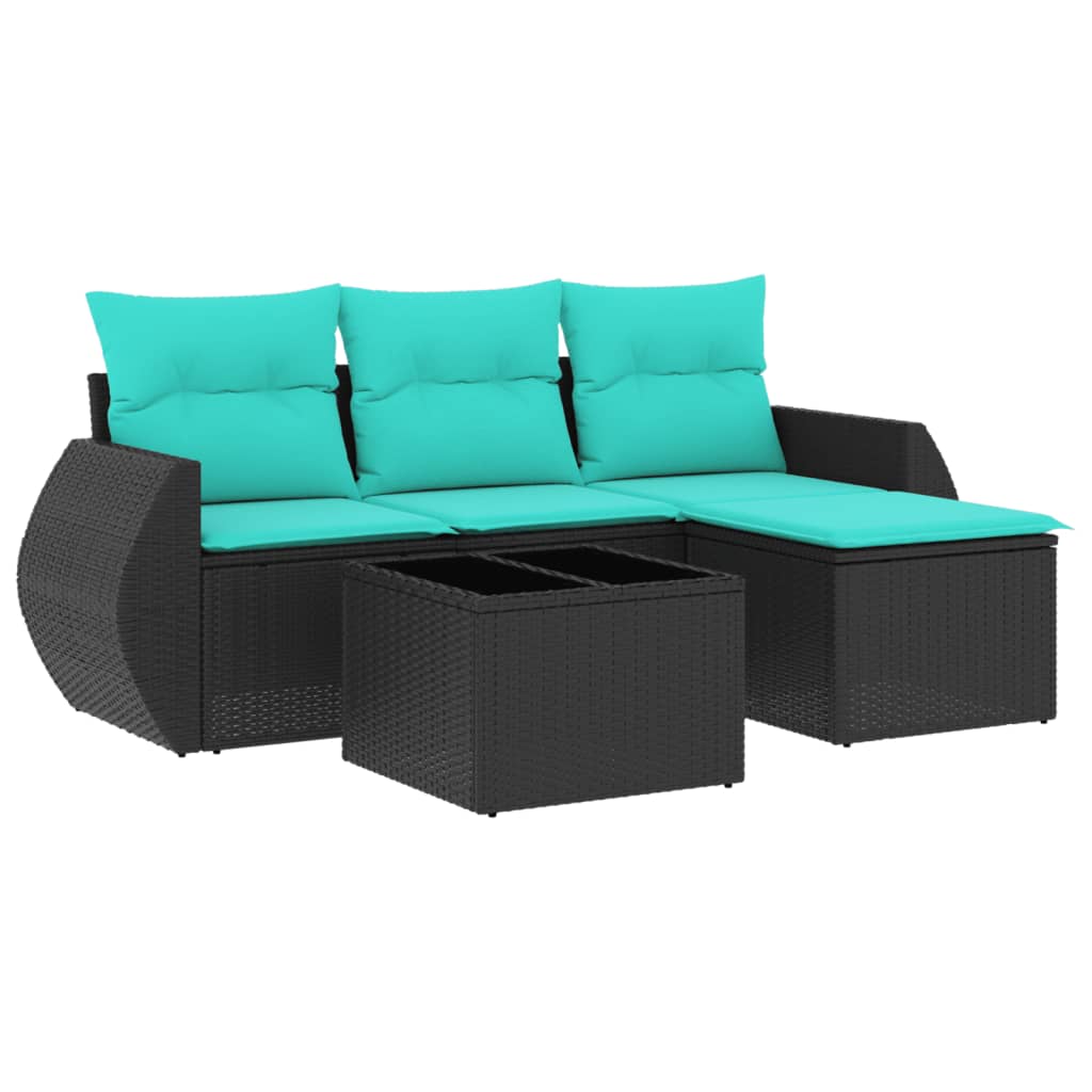 5 Piece Patio Sofa Set with Cushions Black Poly Rattan