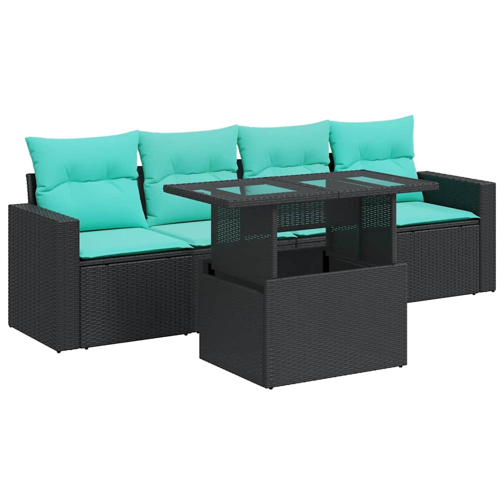 5 Piece Patio Sofa Set with Cushions Black Poly Rattan Acacia