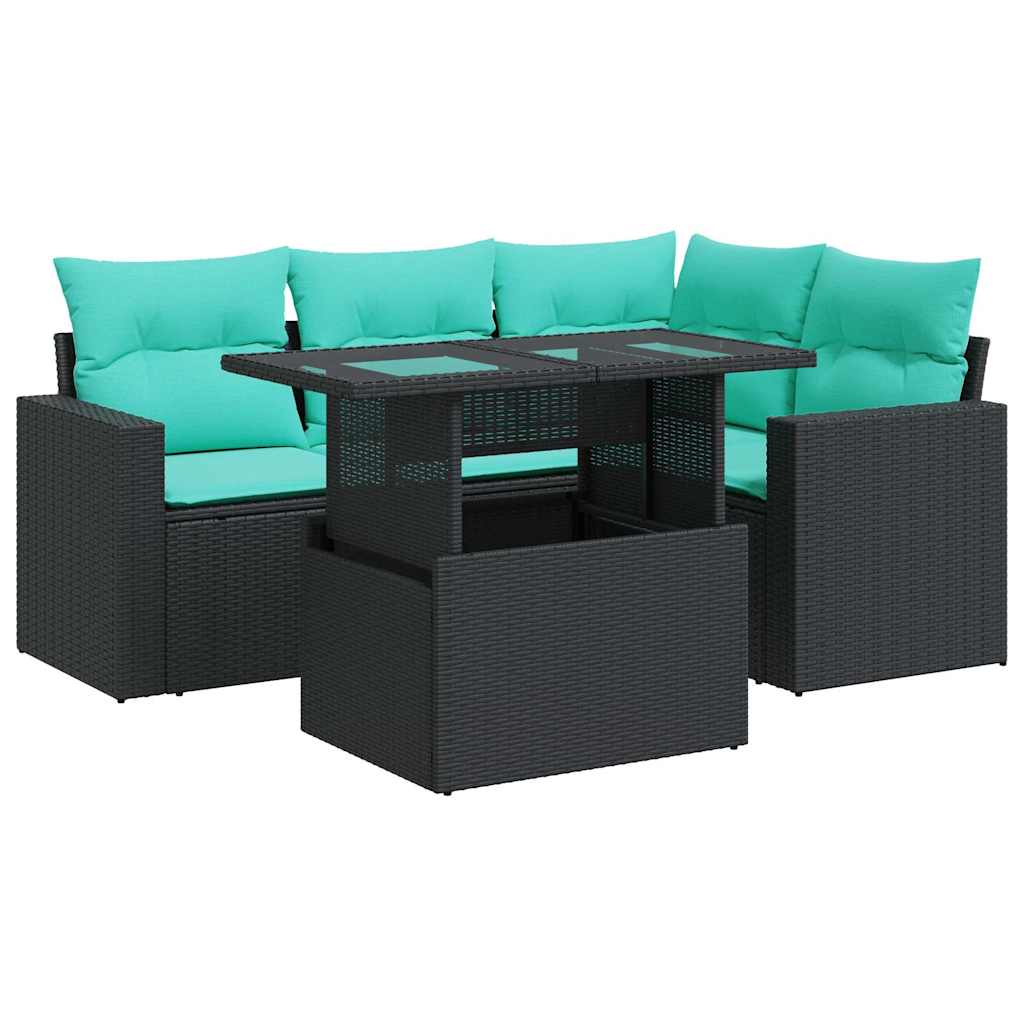 5 Piece Patio Sofa Set with Cushions Black Poly Rattan Acacia
