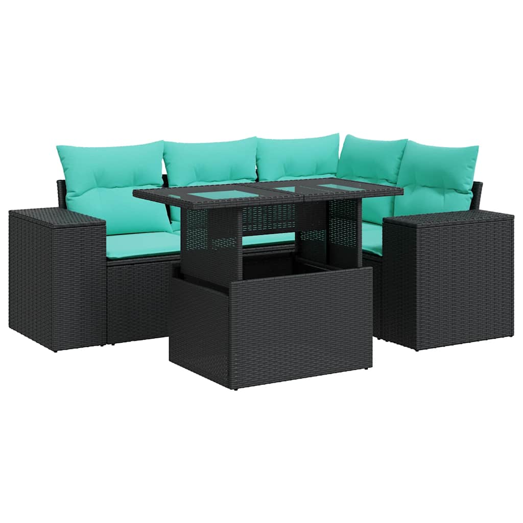 5 Piece Patio Sofa Set with Cushions Black Poly Rattan Acacia