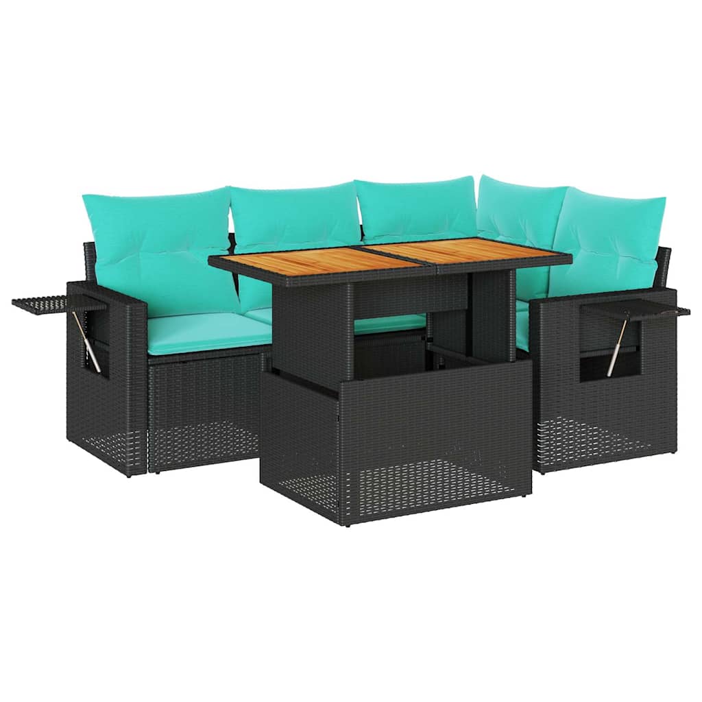 5 Piece Patio Sofa Set with Cushions Black Poly Rattan