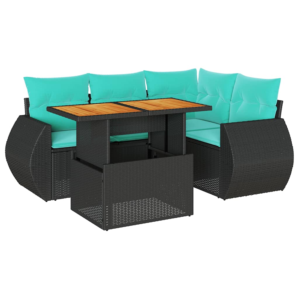 5 Piece Patio Sofa Set with Cushions Black Poly Rattan