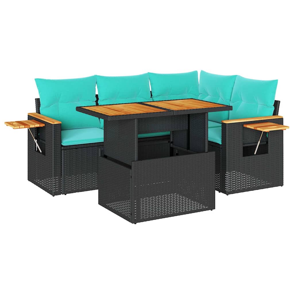 5 Piece Patio Sofa Set with Cushions Black Poly Rattan Acacia