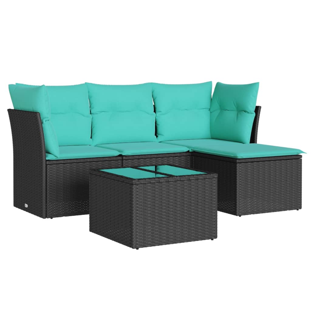 5 Piece Patio Sofa Set with Cushions Black Poly Rattan