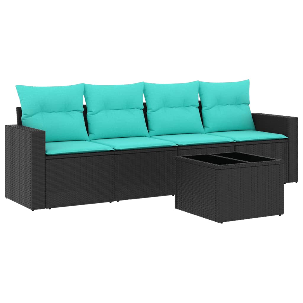 5 Piece Patio Sofa Set with Cushions Black Poly Rattan