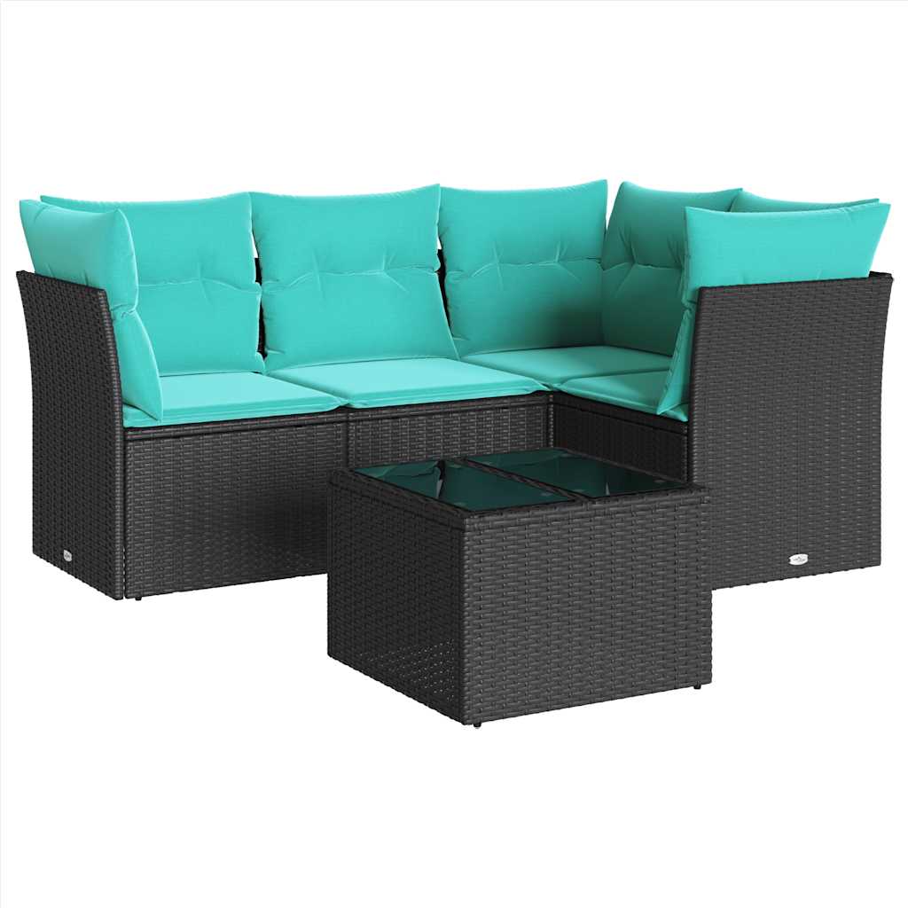 5 Piece Patio Sofa Set with Cushions Black Poly Rattan
