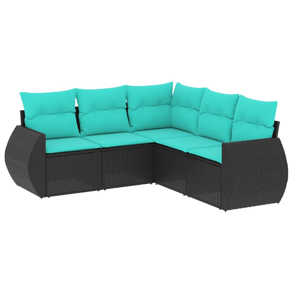 5 Piece Patio Sofa Set with Cushions Black Poly Rattan