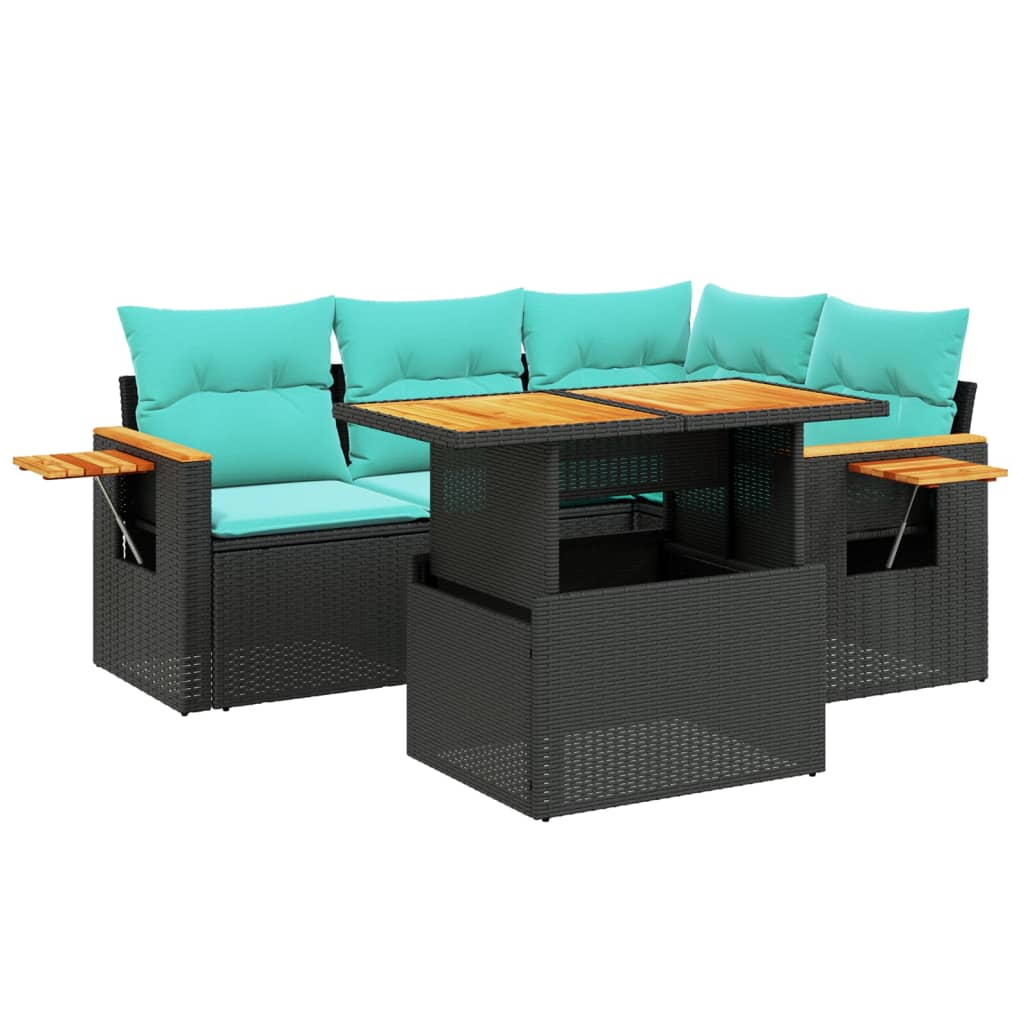 5 Piece Patio Sofa Set with Cushions Black Poly Rattan