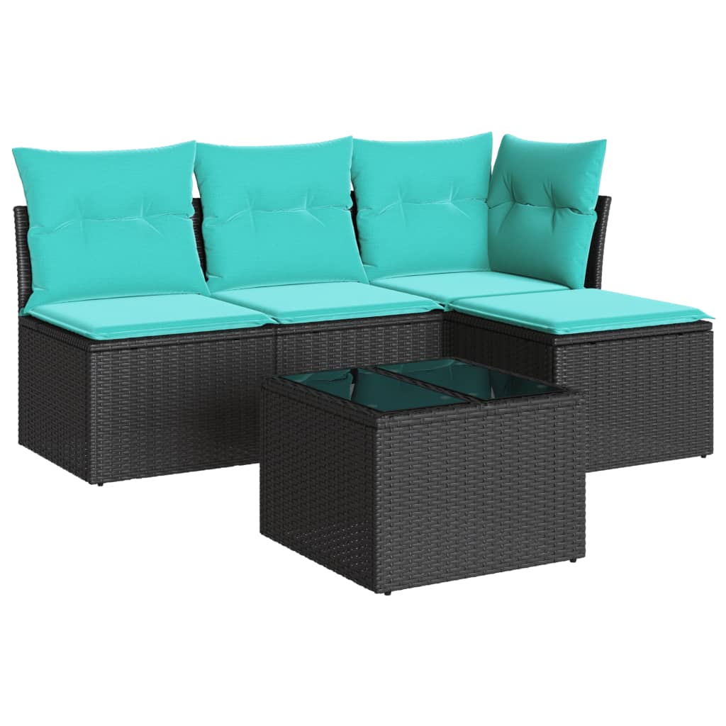 5 Piece Patio Sofa Set with Cushions Black Poly Rattan