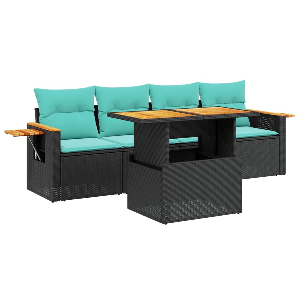 5 Piece Patio Sofa Set with Cushions Black Poly Rattan