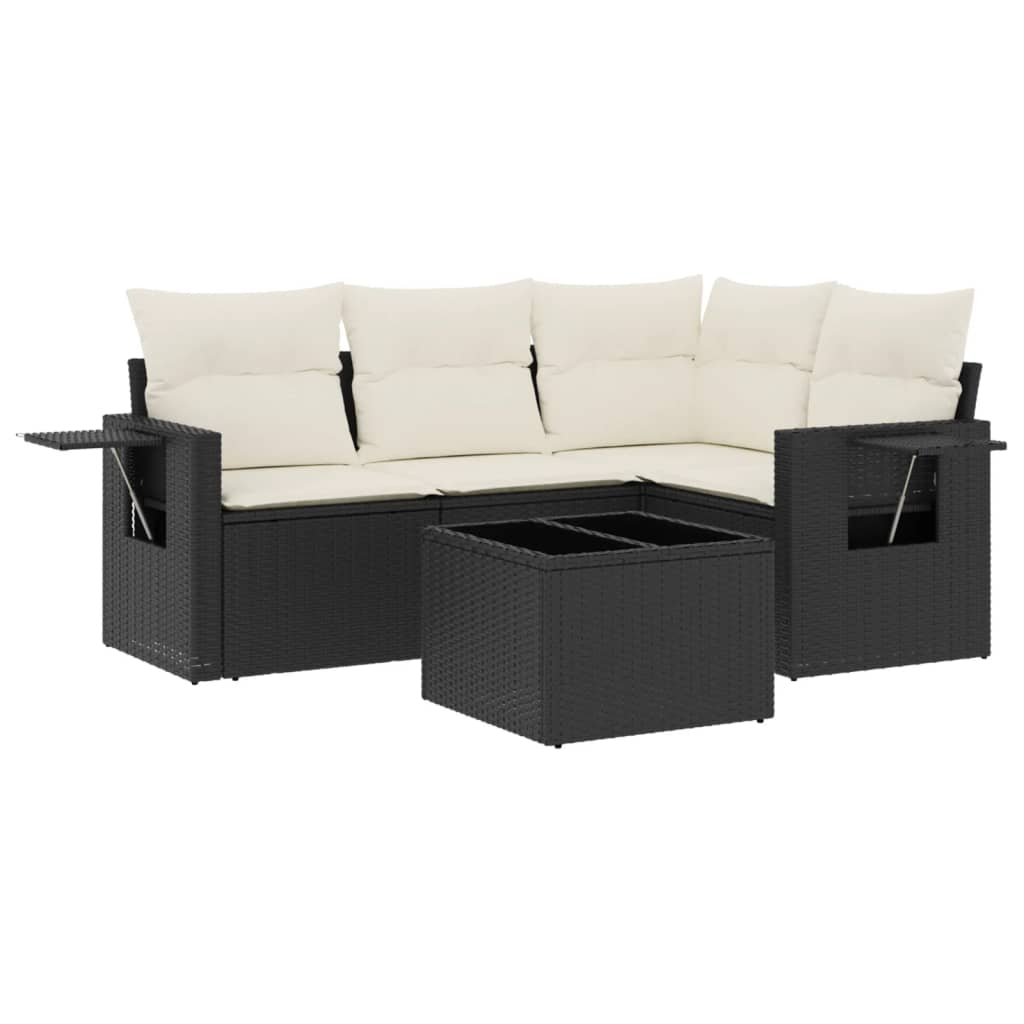 5 Piece Patio Sofa Set with Cushions Black Poly Rattan