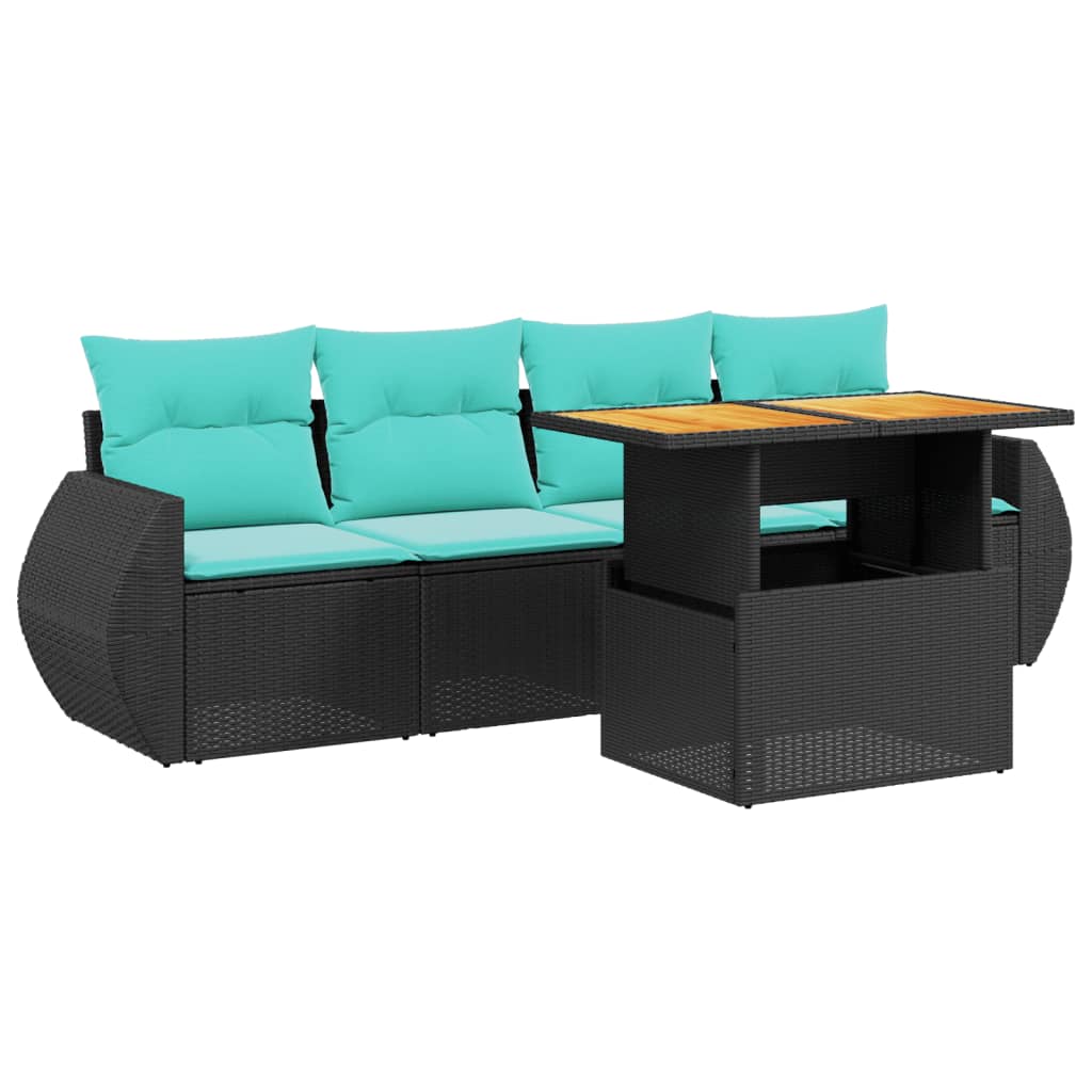 5 Piece Patio Sofa Set with Cushions Black Poly Rattan
