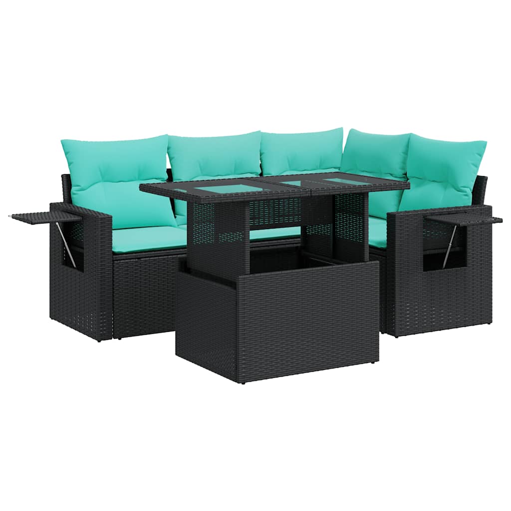 5 Piece Patio Sofa Set with Cushions Black Poly Rattan Acacia