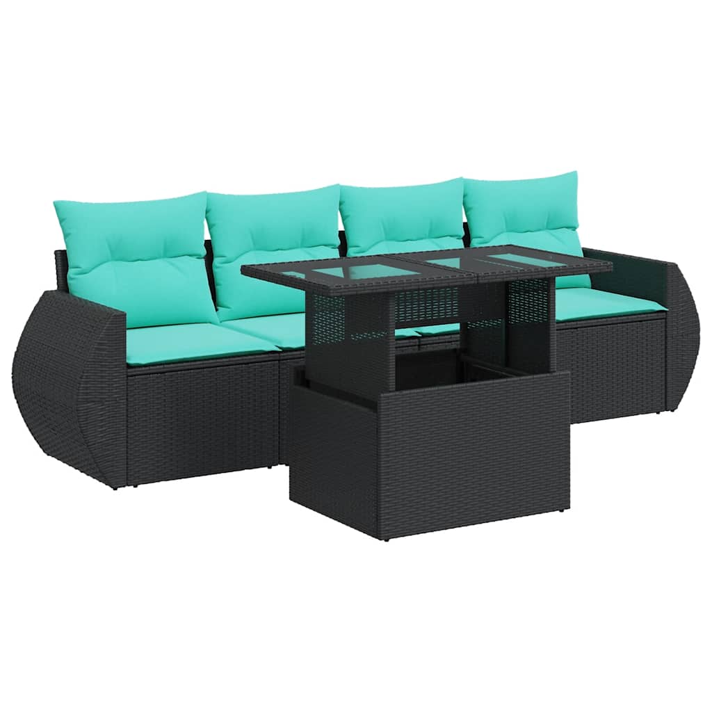 5 Piece Patio Sofa Set with Cushions Black Poly Rattan Acacia