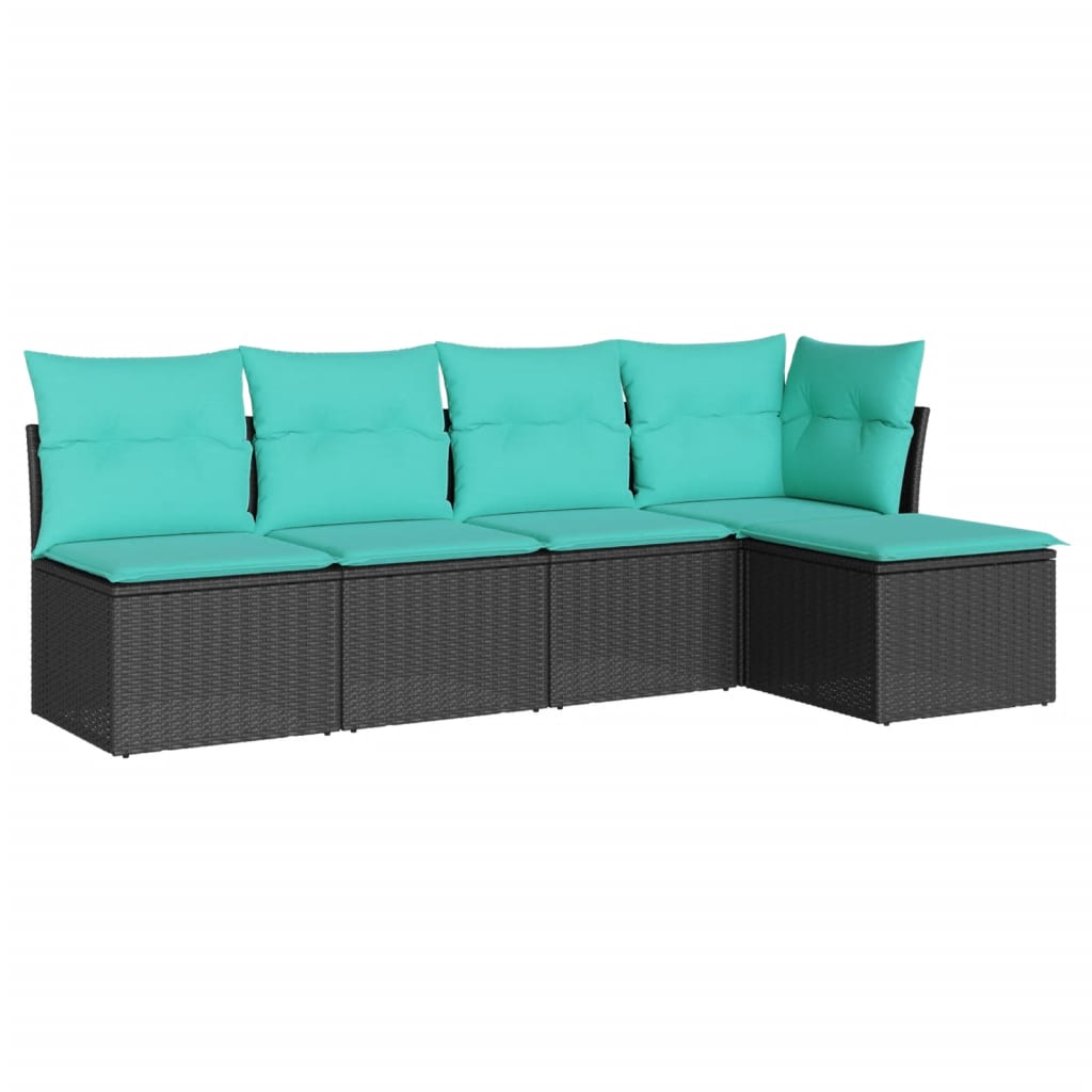 5 Piece Patio Sofa Set with Cushions Black Poly Rattan