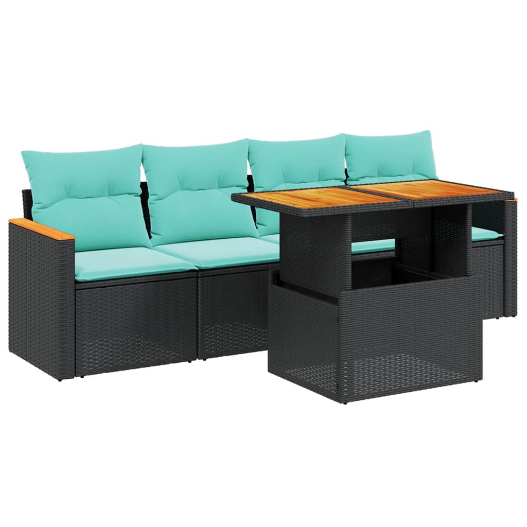 5 Piece Patio Sofa Set with Cushions Black Poly Rattan