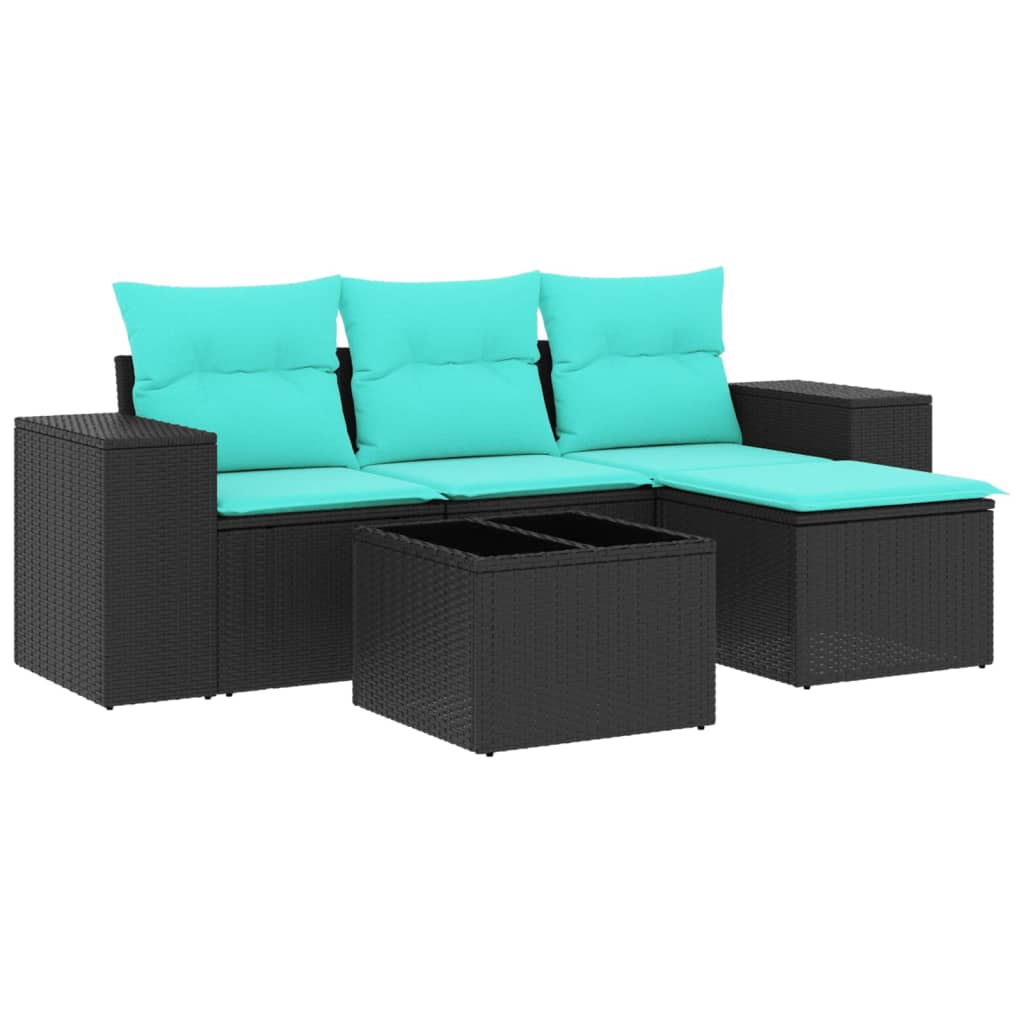 5 Piece Patio Sofa Set with Cushions Black Poly Rattan